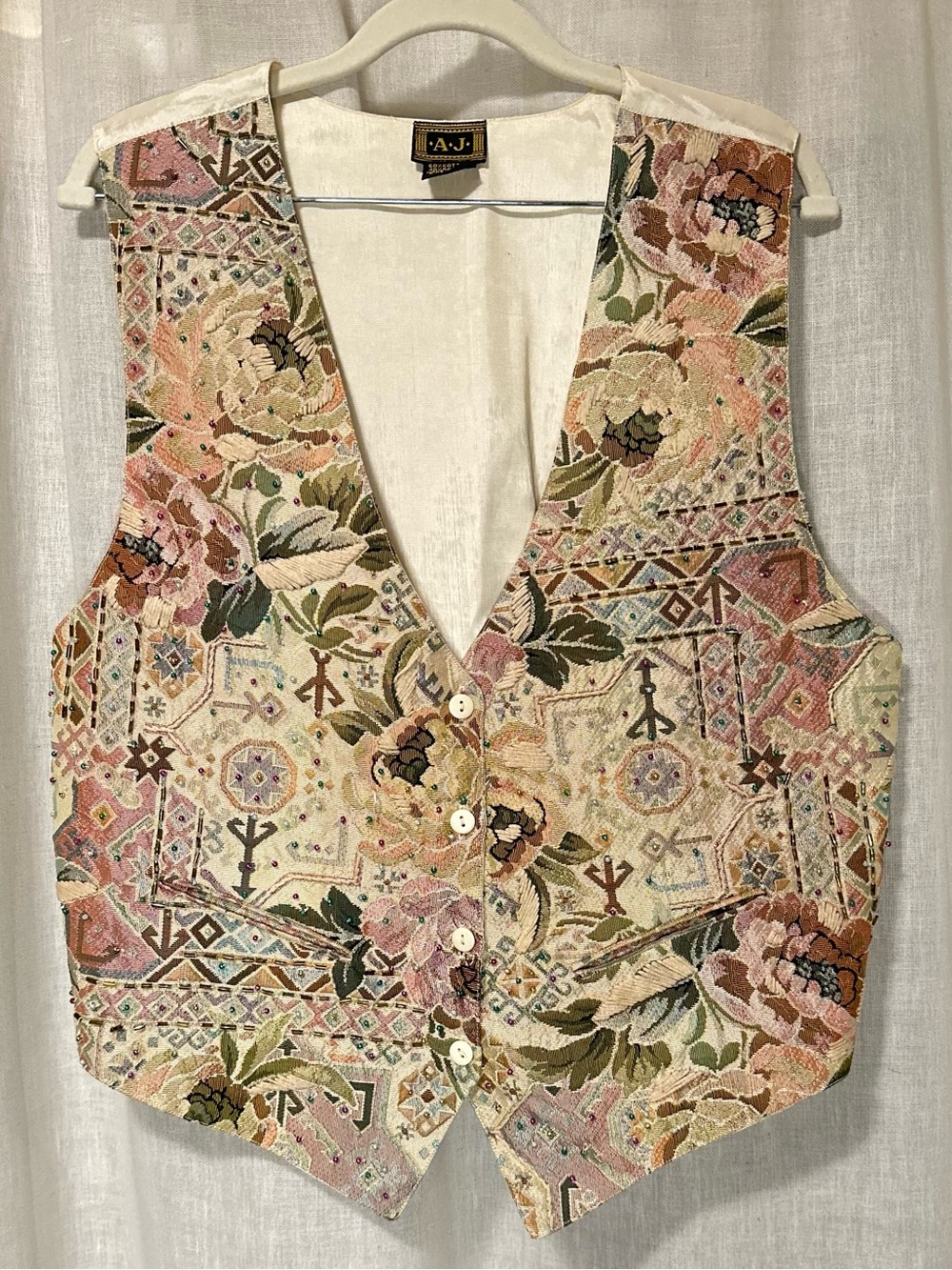 VTG Floral Tapestry Beaded Artsy Vest L Victorian Cottagecore Fairy